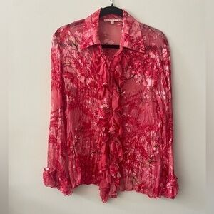 Red Sheer Floral Y2k Ruffle Blouse Size Large